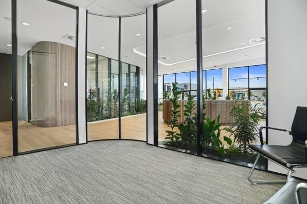 A glazed meeting room off the office floor, full-height glass on two sides, with planting along the edge of the space.